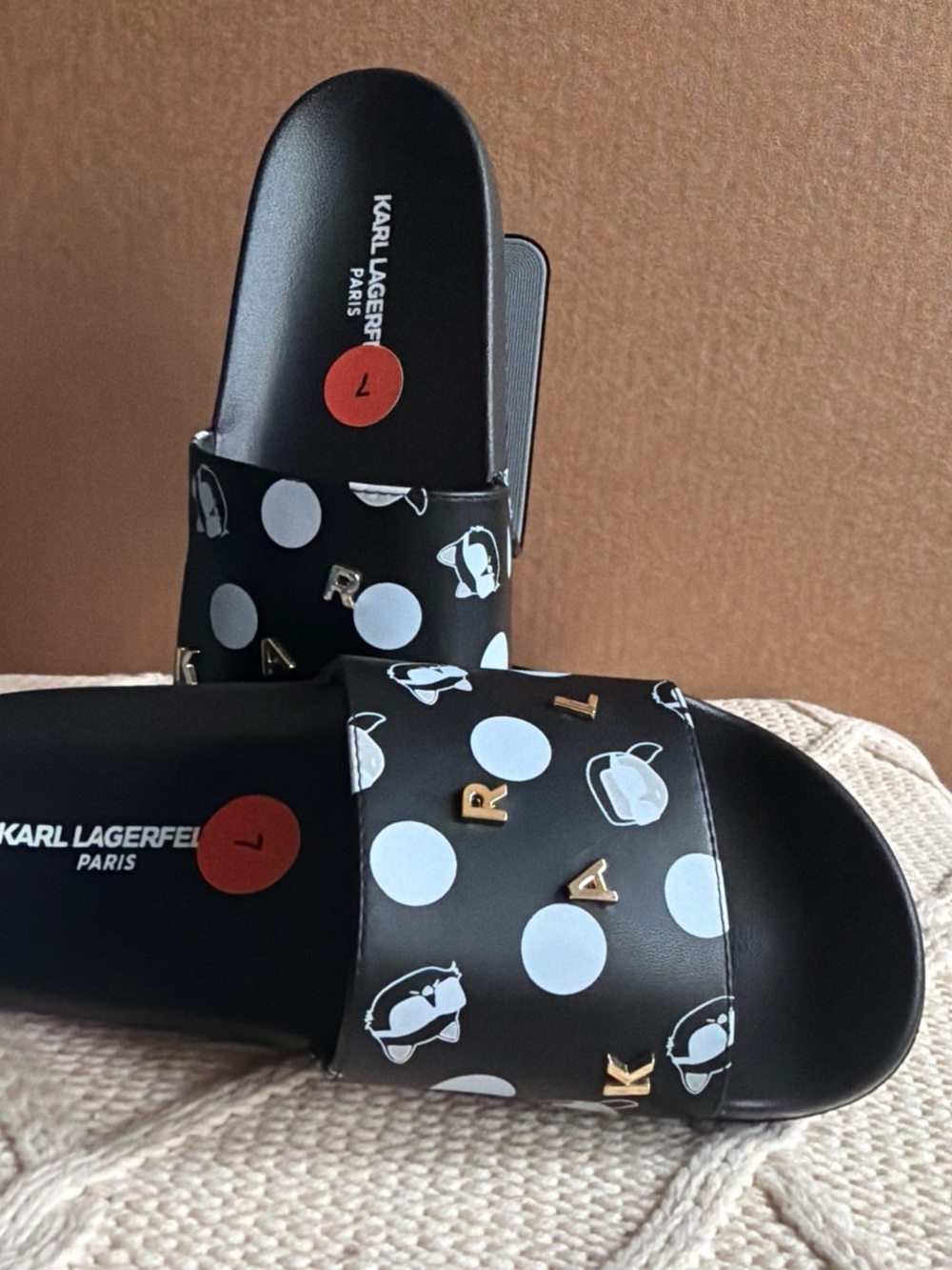 Karl Lagerfeld Black & White Polka Dot Logo Slide Sandals